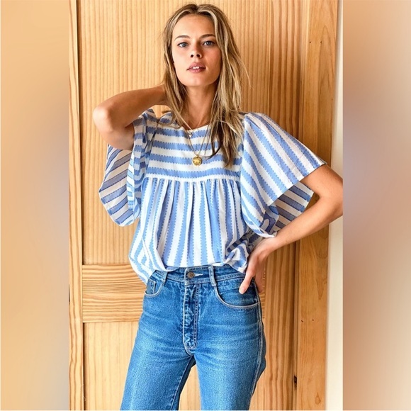 Emerson Fry Tops - Emerson Fry Blouse Basalie Short Sleeve in Blue Striped